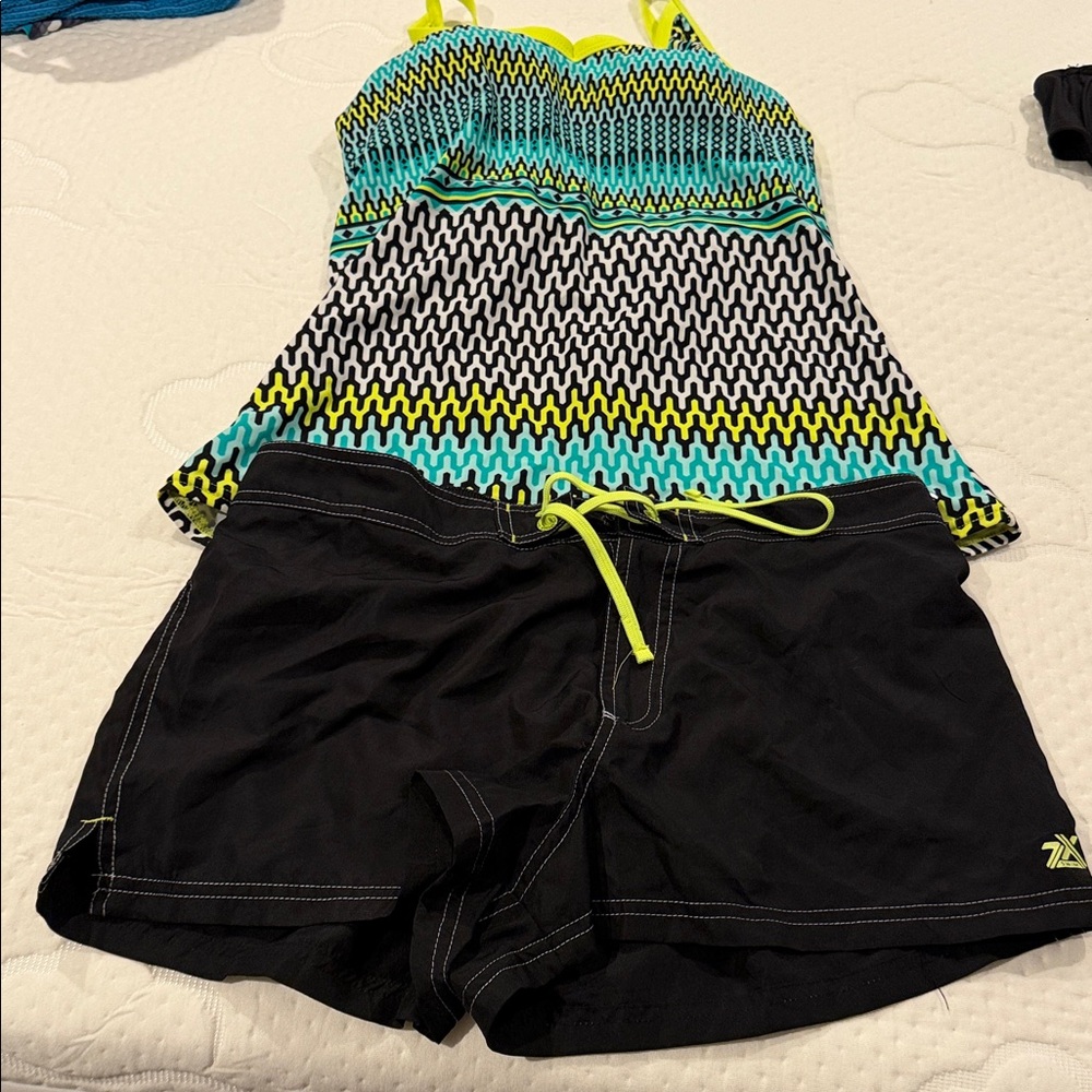 ZeroXposur Black Swim Shorts with Neon Yellow-Blue Patterned Tankini